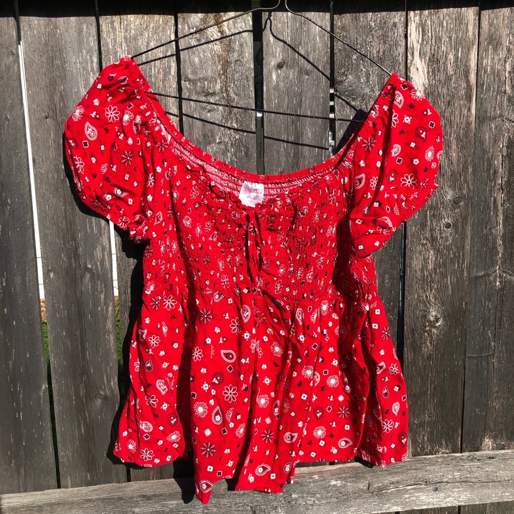 No Boundaries Red bandana print Smocked Peasant Blouse